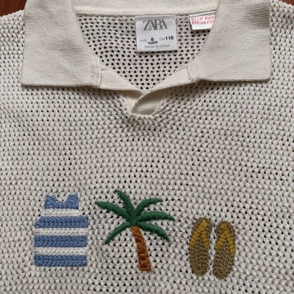 Zara Polo Shirt Boys 6 Short Sleeve Johnny Collar Embroidered Cable Knit Beige - Picture 3 of 3